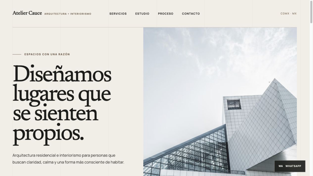 Demo Atelier Cauce: landing editorial de arquitectura e interiorismo
