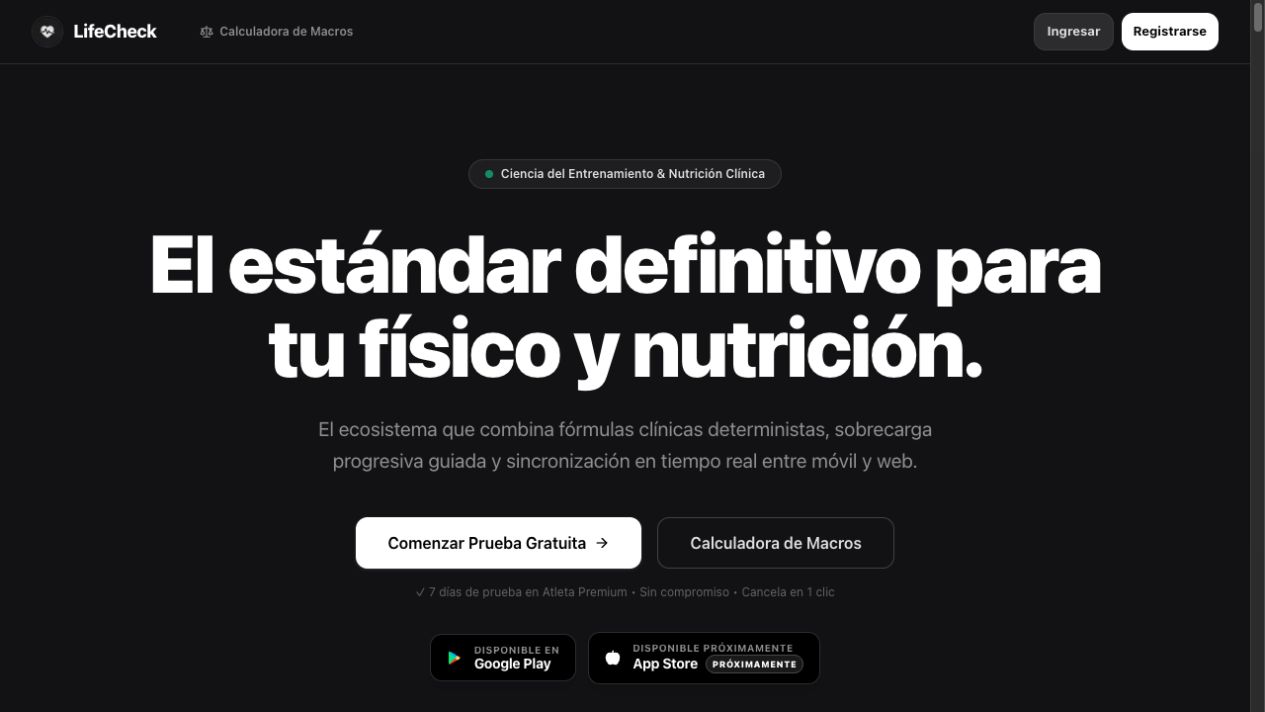 Página pública de LifeCheck, aplicación de nutrición y entrenamiento
