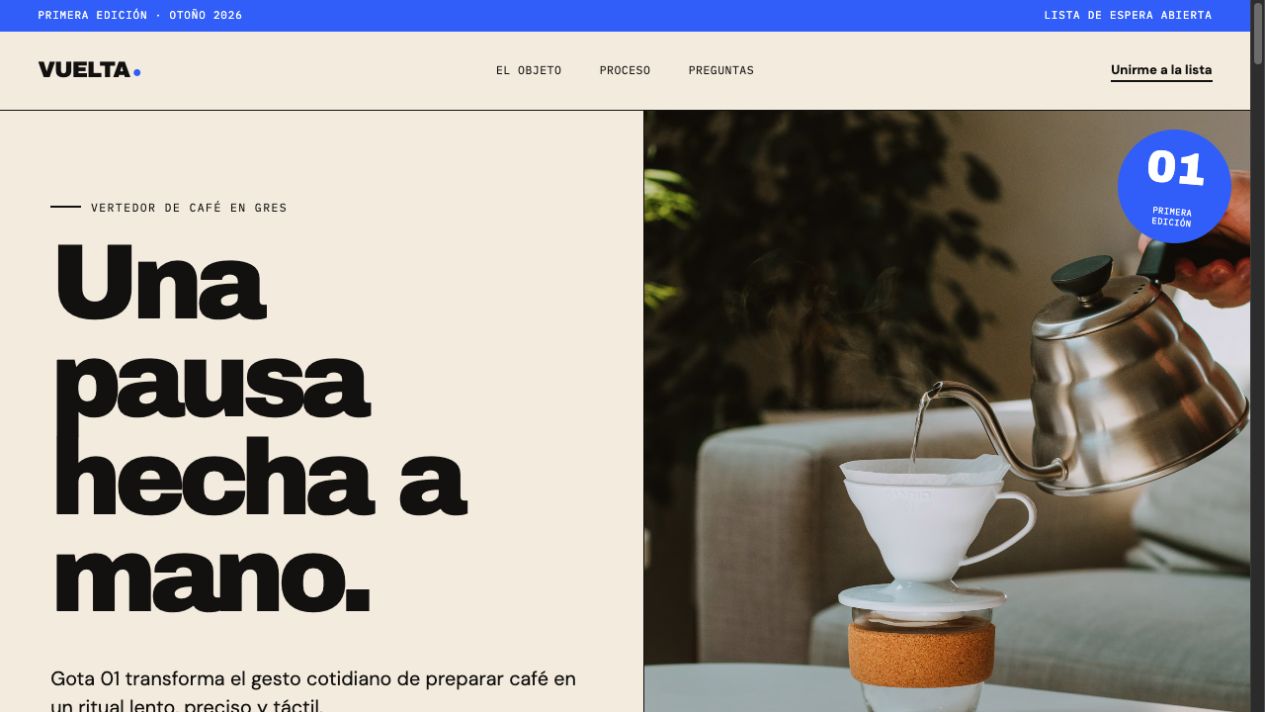 Demo Origen: Vuelta, una landing de cerámica con fondo papel y tipografía contundente