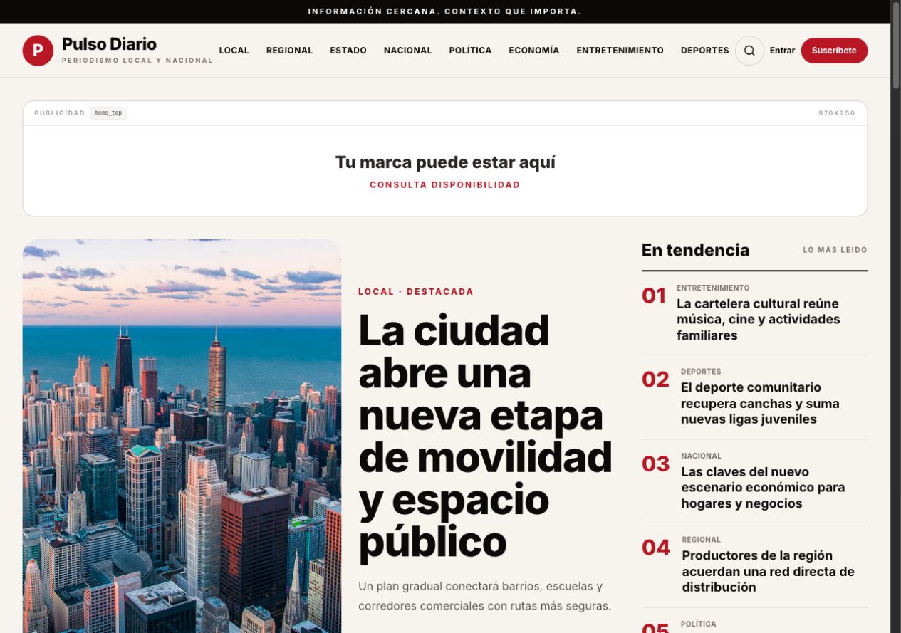 Portada pública de Pulso Diario con noticia destacada, categorías y noticias en tendencia